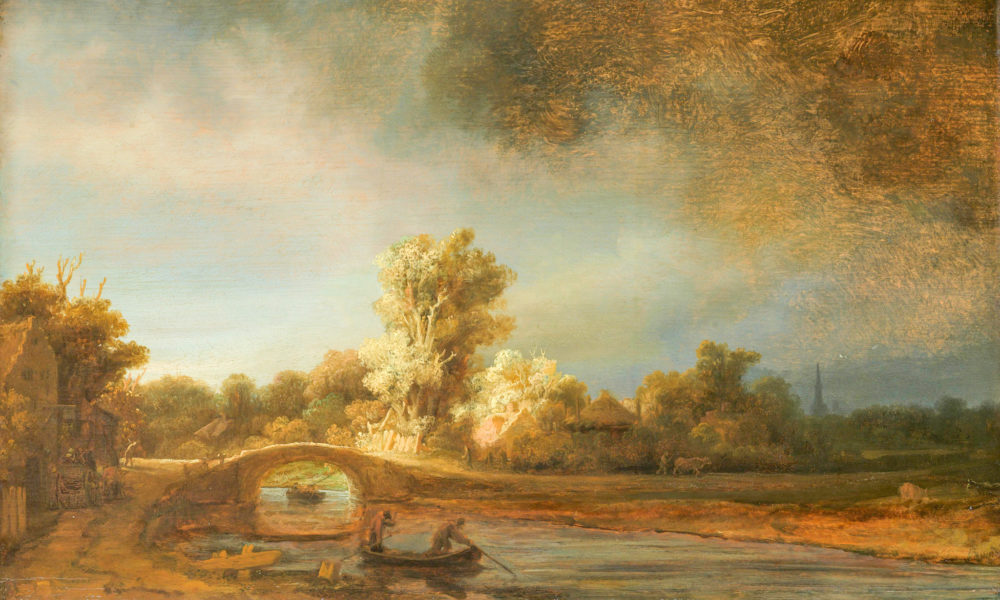 Landschaft mit einer Steinbrücke gemalt von Rembrandt