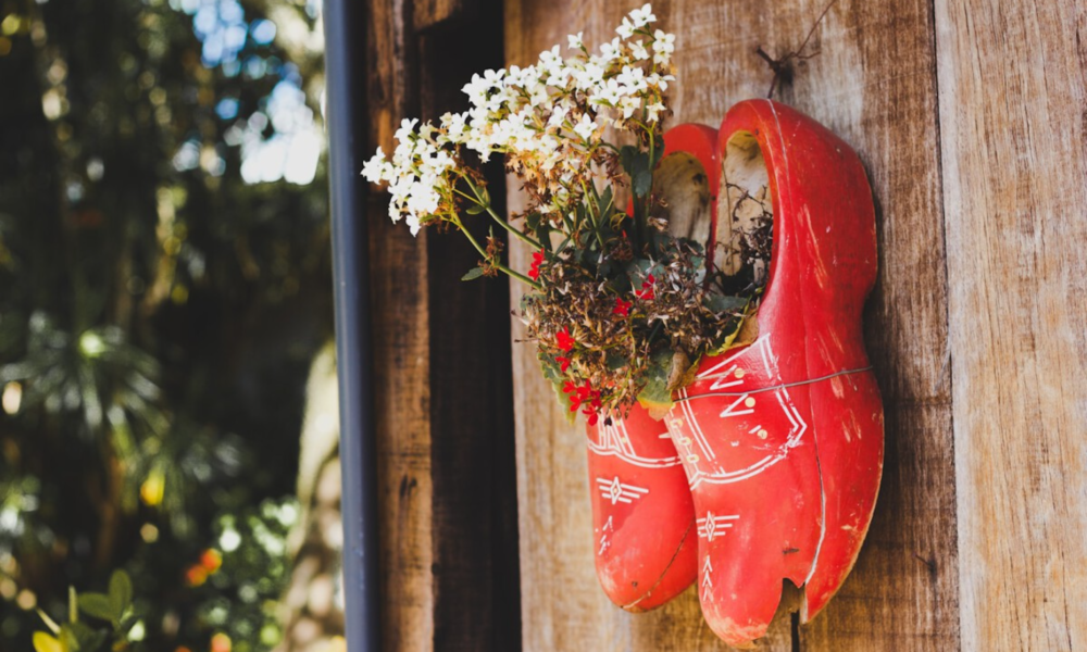 A pair of red shoes with flowers on a wooden wall. Decorative Dutch shoes.