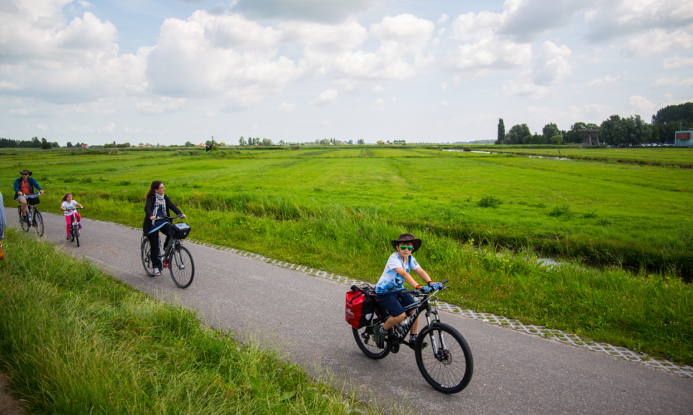 Family on bicycles on a bike path. Green fields alongside.