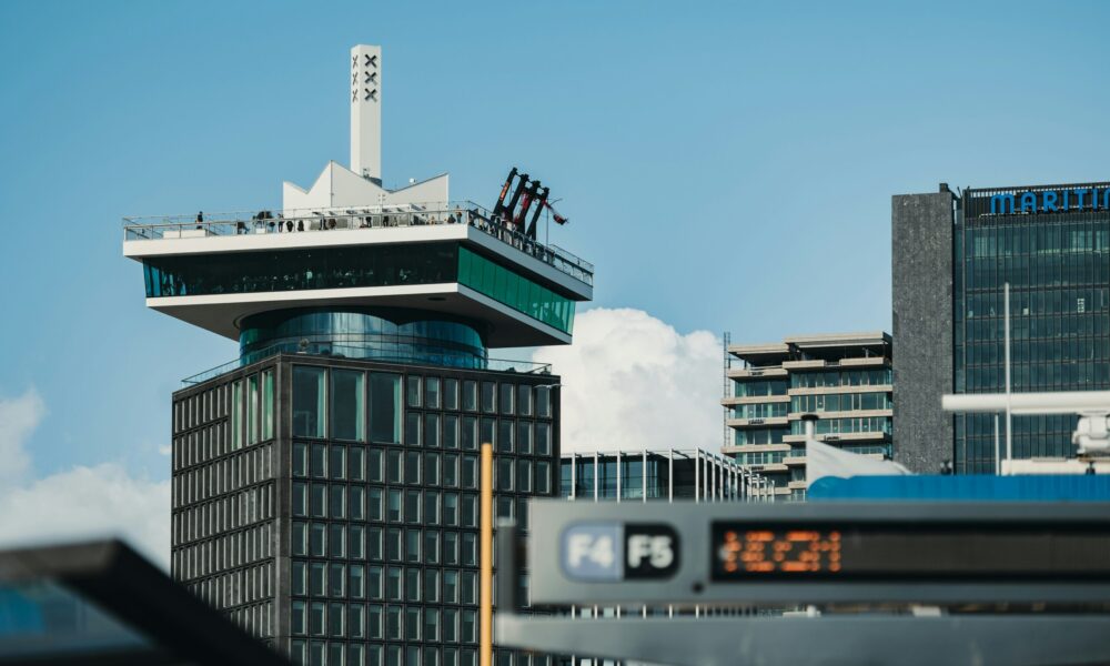 Modern buildings in Amsterdam city centre. A tall building with a distinctive design
