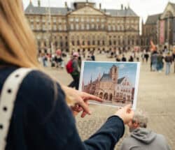 A tourist comparing a photo with a real building. Amsterdam city trip.